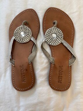 Mystique Boutique Silver Jeweled Thong Sandals with Brown Footbed